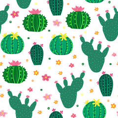 Bright decorative seamless pattern with blooming cacti