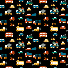 Vector seamless children pattern with different vehicles on a black background. Cute cartoon illustration for print, fabric, textile, background, wallpaper. Passenger cars, motorbike, camper, crane