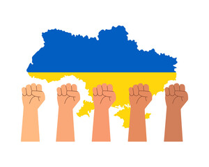 Raised hands clenched into a fist on the background of the map of Ukraine. Patriotism, independence day, national pride, no war. Isolated flat vector illustration