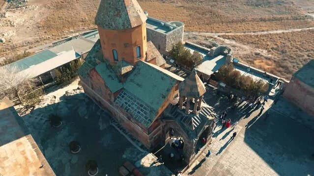 Ancient Armenian Apostolic Church Khor Virap. At the foot of Mount Ararat. Shooting from a drone