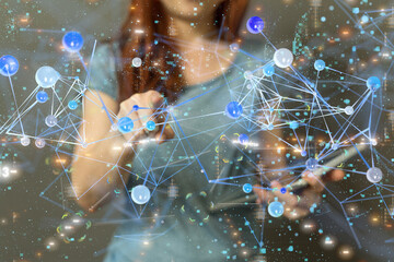 abstract lines with dots over dark background.