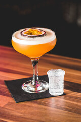 Closeup of a glass of Porn star martini cocktail