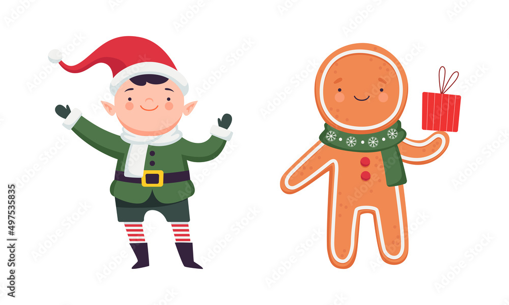 Canvas Prints cute christmas characters set. adorable funny elf and gingerbread cartoon vector illustration