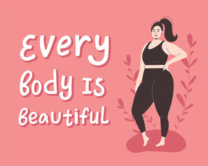 Obraz na płótnie Canvas A plump girl in sportswear is standing in a sexy pose. Every body is beautiful. Flat vector illustration on pink background