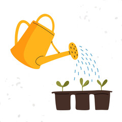 Vector yellow watering can isolated on a white background. Gardening tools. Seedlings are watered from a watering can.