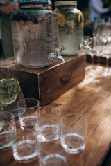 catering, large bottles of lemonade at a wedding party