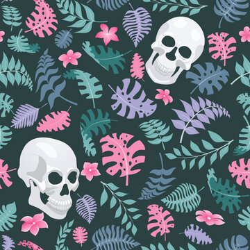 Seamless pattern with exotic jungle plants and human skulls. Tropical palm leaves and flowers. Illustration for Mexican holiday Day of the Dead, Dia de los Muertos, in turquoise and pink colors