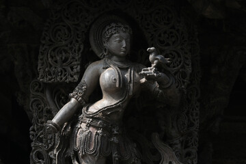 Stone Sculpture of Beautiful Female (Madanikas) with selective focus, 12th century Hindu temple,...