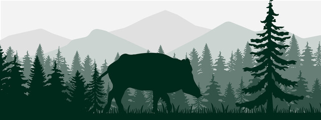 vector mountains forest woodland background silhouettes texture with wild hog boar mascot EPS