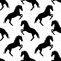 seamless background of black silhouettes of drawn horses on a white background, pattern EPS