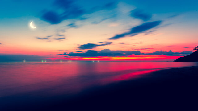 landscape sea at sunset Blurred sea with shutter speed romantic nature background horizontal © photosky99