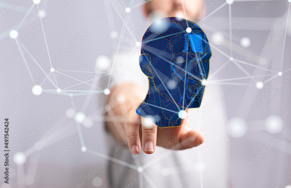 Poster human head and brain with artificial intelligence concept