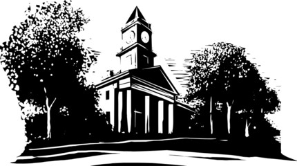 Woodcut Style Building with clock tower