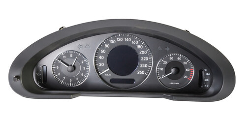 The dashboard of the car with white arrows with a speedometer, tachometer and other tools to...