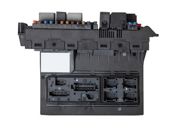 A plastic car engine control unit with metal elements on a white isolated background is the...