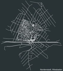 Detailed negative navigation white lines urban street roads map of the NORDENSTADT DISTRICT of the German regional capital city of Wiesbaden, Germany on dark gray background