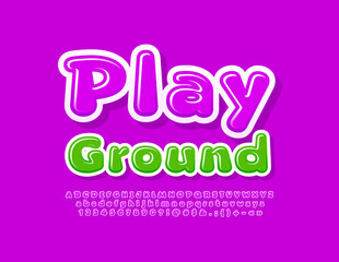 Vector funny emblem Playground with Violet Font. Playful set of Alphabet Letters, Numbers and Symbols
