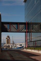 Cape Town, South Africa. 2022.  View under an office walkway of the fishing port and National Ports Authority House.