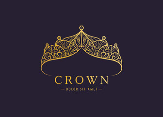 Abstract luxury, royal golden company logo icon vector design. Elegant crown, tiara, diadem premium symbol. Hand drawn lace jewelry, arabic, restaurant, hotel logotype. © marylia17
