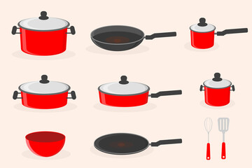 red kitchen utensils set pots pans for cooking vector illustration
