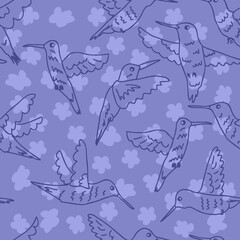 Seamless pattern with hummingbirds doodle on flowers background. Perfect for T-shirt, textile and print. Hand drawn vector illustration for decor and design.