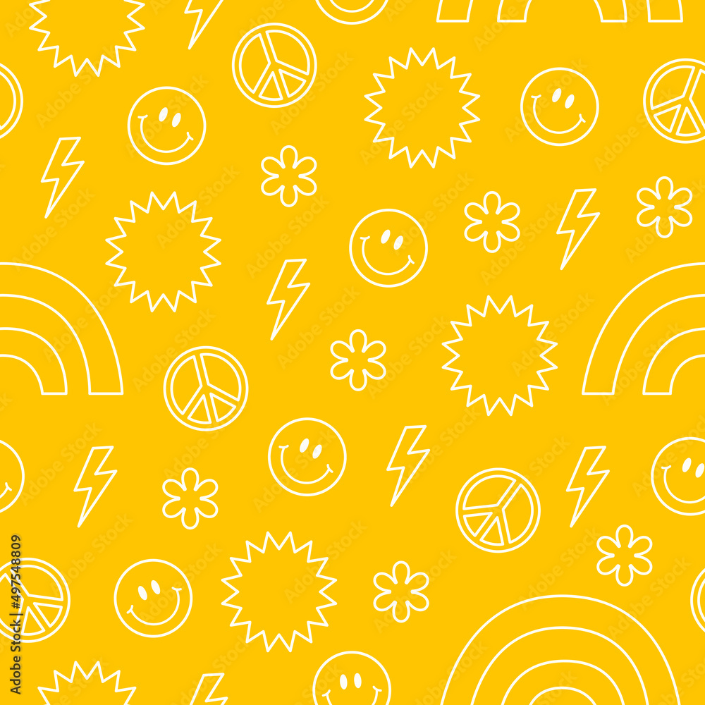 Poster monochrome seamless pattern with linear retro elements on a yellow background. trendy vector groovy 