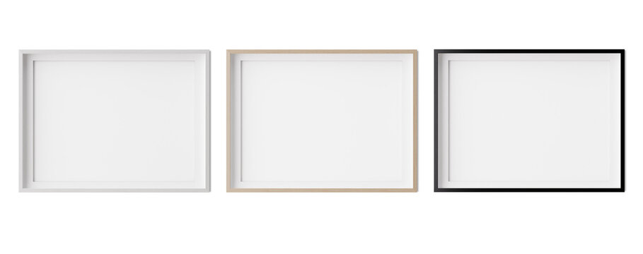 Set of horizontal picture frames isolated on white background. White, wooden and black frames with white paper border inside. Template, mockup for your picture or poster. 3d rendering.