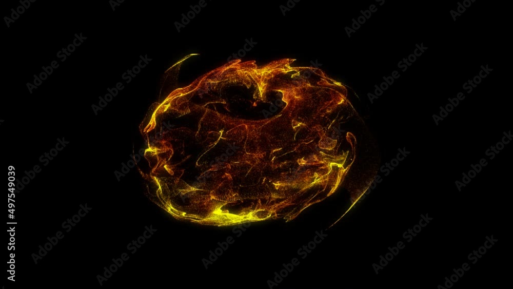Poster animated neon fire energy sphere. movement of microparticles in a circle. sparkling lightning, stars