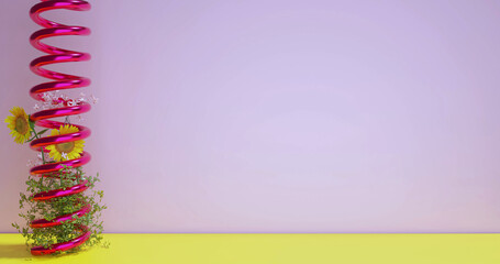 3D illustration of a spring with plants on abstract background