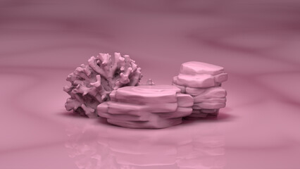 Pink 3D podium rock display with pink coral shadows and reflections product summer background display pastel cosmetic platform stage cosmetic beauty product promotion mockup Summer Minimal 3d render