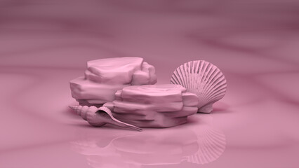 Pink 3D podium rock display with pink shells shadows and reflections product summer background display pastel cosmetic platform stage cosmetic beauty product promotion mockup Summer Minimal 3d render