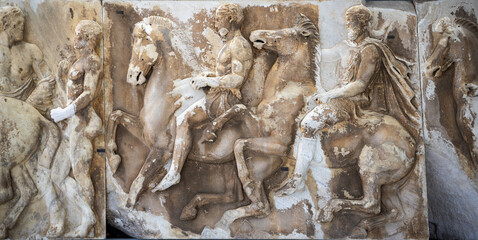 Closeup of the Ancient Parthenon Marbles in the museum