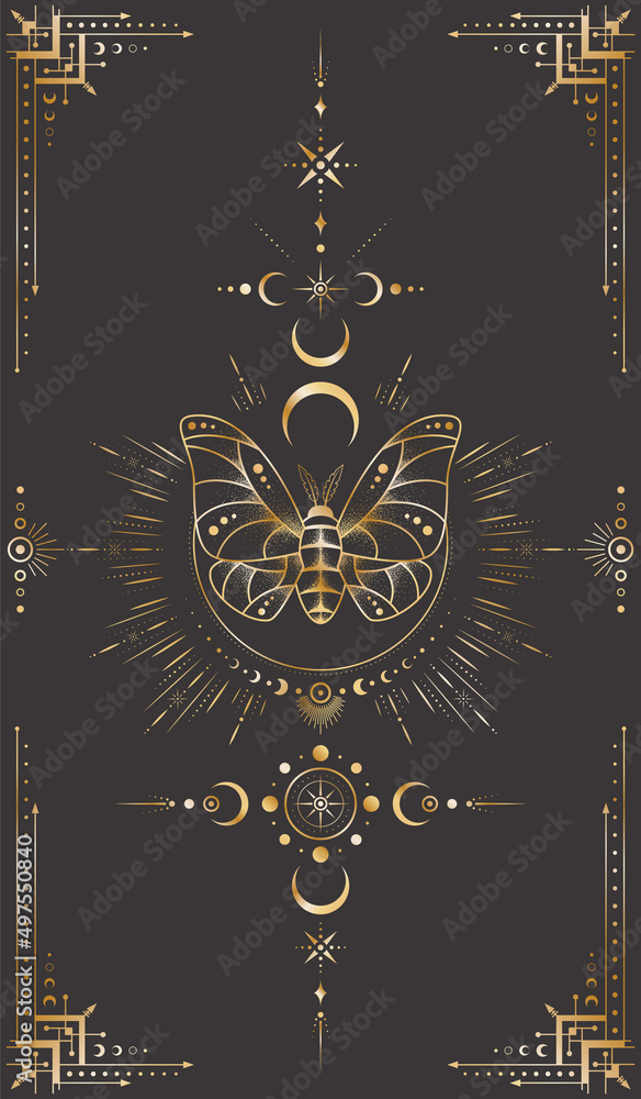 Wall mural Vector mystic celestial background with golden outline insect, stars, moon phases, crescents and frame with arrows. Occult linear backdrop with a magical butterfly. Sacred geometric tarot card cover