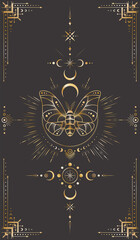 Vector mystic celestial background with golden outline insect, stars, moon phases, crescents and frame with arrows. Occult linear backdrop with a magical butterfly. Sacred geometric tarot card cover