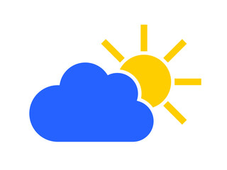 Blue cloud and yellow sun. Weather forecast icon isolated on white background. Vector.