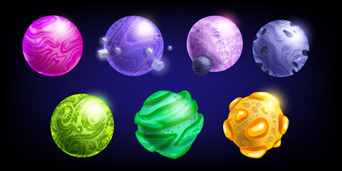 Alien planet game icon set, vector space cartoon fantasy worlds kit, stone magic cosmos asteroid. Fantastic astronomy design elements, UI stone rocks assets isolated on black. Alien planet clipart © Oleksandra