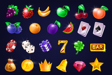Casino slot game vector icon set, golden award crown, glossy fruit, gambling machine UI badge kit. Classic Vegas jackpot symbol, playing cards, bar sign, lucky bonus chips. Shiny 3D casino icon assets