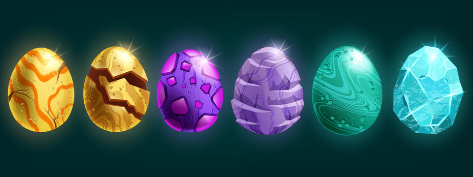 Dragon egg game icon set, vector cartoon magic dino stone kit, UI alien space rock, fairy easter collection. Ice crystal glossy dinosaur sphere, green cracked marble ball. Fantastic dragon egg