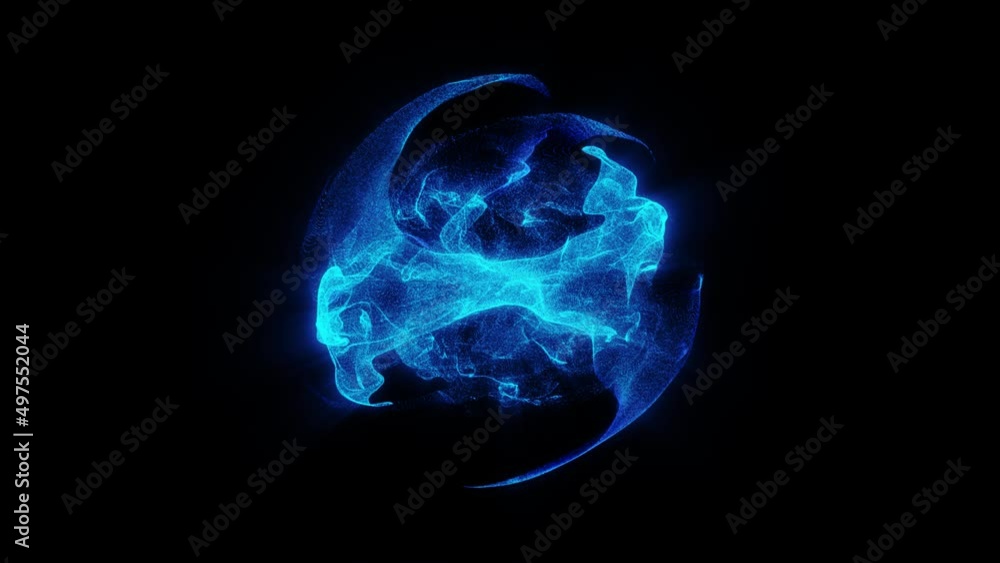 Poster animated neon blue energy sphere. movement of microparticles in a circle. sparkling lightning, stars