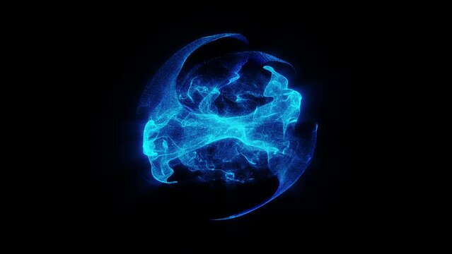 Animated neon blue energy sphere. Movement of microparticles in a circle. Sparkling lightning, stars. Outer space. Pattern of rotating dots. Matter. Wave intro. Alpha channel. QuickTime. 4k