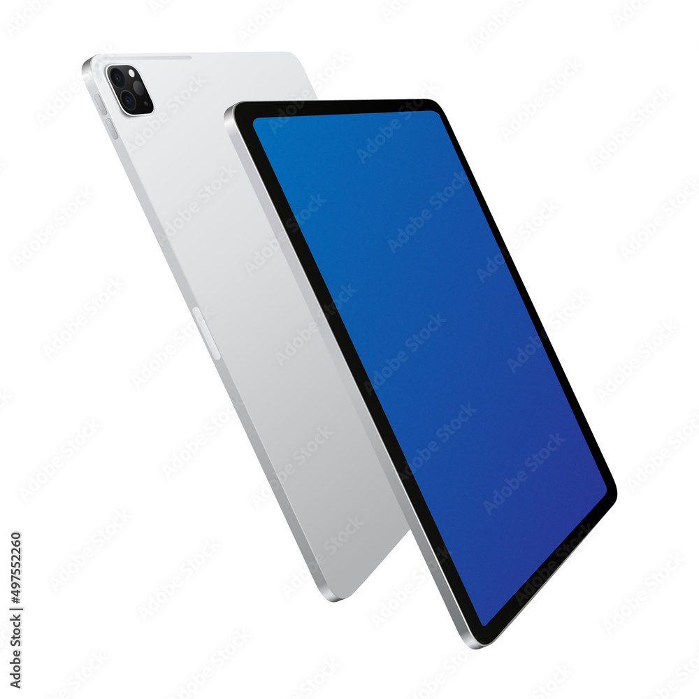 Poster tablet cutout for presentation. diagonal side front and back view. isolated realistic mockup on whit