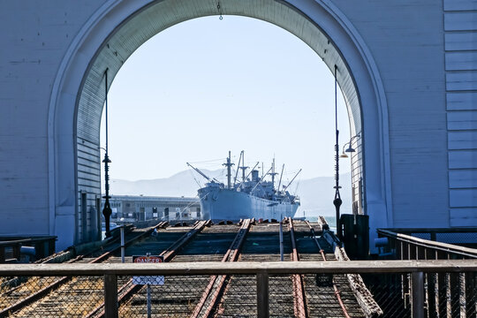 Ship undergoing maintenance in San Francisco Bay near Fisherman's Warf in California, United States