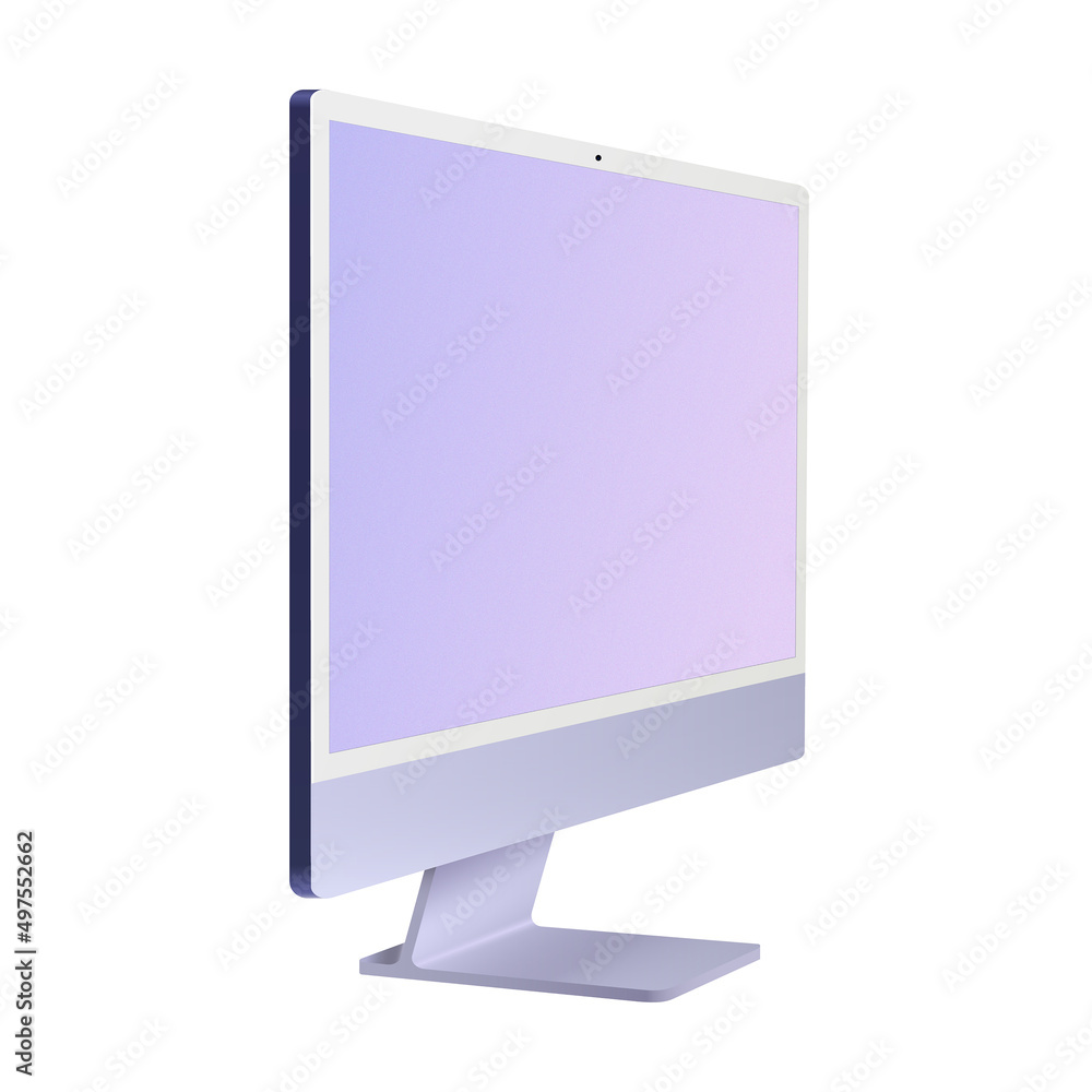 Poster personal computer 2021 mockup. right side diagonal view on the model. portable desktop. white monito