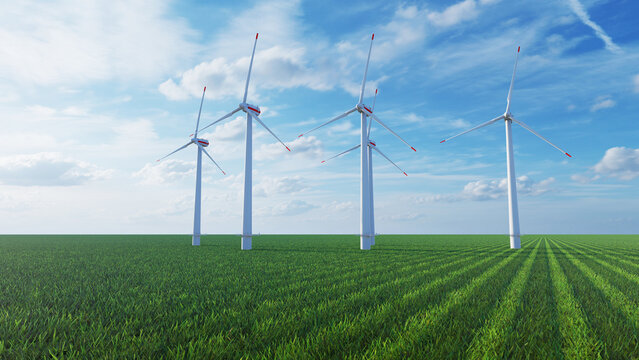 8K ULTRA HD. Wind farm for power generation in beautiful skies and swaying grass. Wind turbines produce clean renewable energy for sustainable development. 