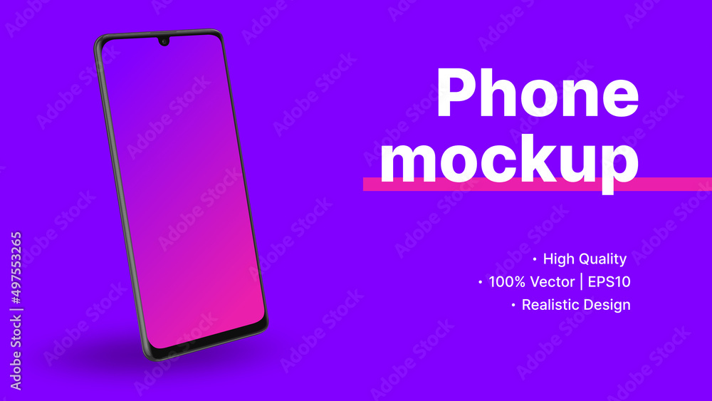 Poster violet gradient phone mockup. realistic smartphone in diagonal perspective. design for presentation.