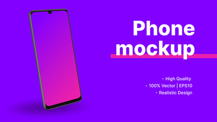 Violet Gradient Phone Mockup. Realistic Smartphone in Diagonal Perspective. Design for Presentation. Vector illustration