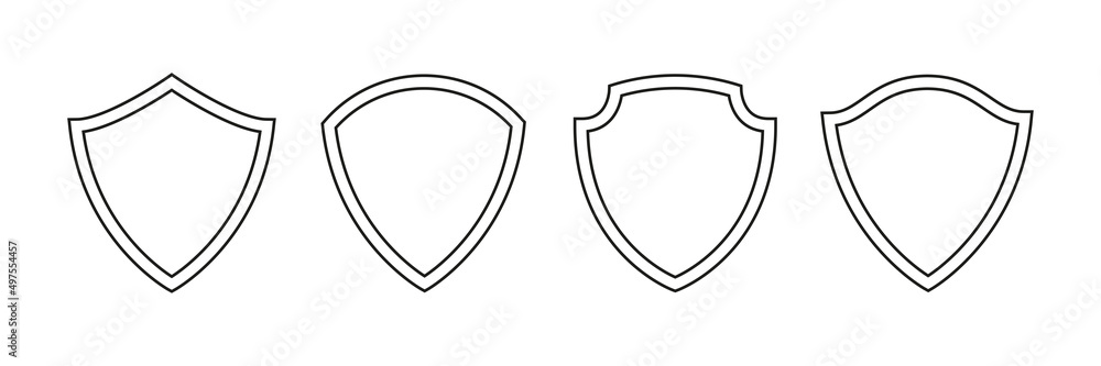 Poster shield icon set. protect secure symbols linear group. medieval royal line badges collection. vector 