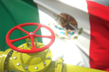 Oil or gas pipeline valve and flag of Mexico. 3d rendering