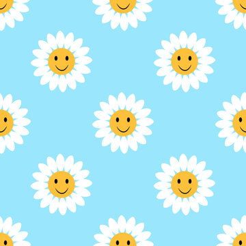 Vintage sun flower with smile isolated on light blue background is in Seamless pattern - vector illustration