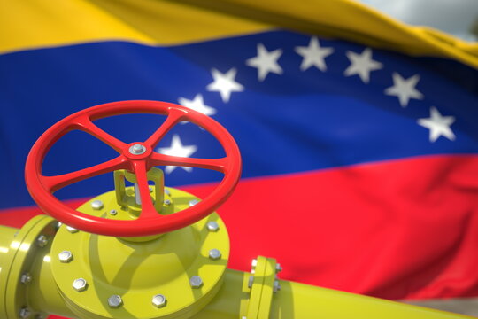 Waving Flag Of Venezuela And The Gas Or Oil Pipeline Valve. Conceptual 3d Rendering